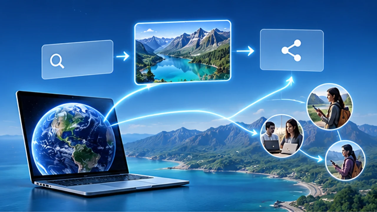 Google Earth 网页版快速搜索与分享场景示意