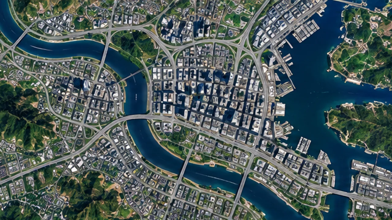 高清城市卫星地图中的道路河流和建筑轮廓